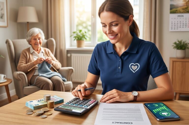 Assistante de vie qui calcule son salaire à côté d'une personne âgée