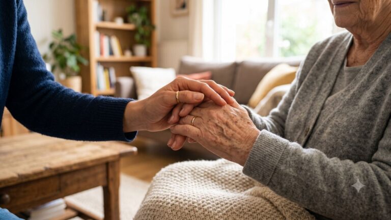 Personne âgée qui tient la main de son assistante de vie.