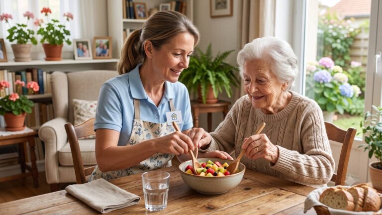 Assistante de vie qui donne le repas à une personne âgée
