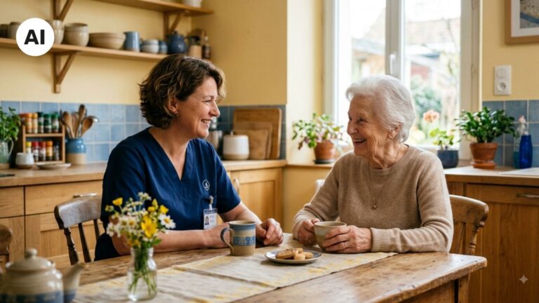 assistante de vie souriante aux côtés d'une personne accompagnée à domicile (en train d'échanger un moment chaleureux, de préparer un repas ou de partager une boisson).